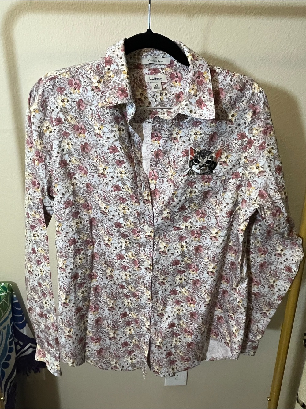L.L. Bean White Floral Button-Up Shirt with Cat Patch